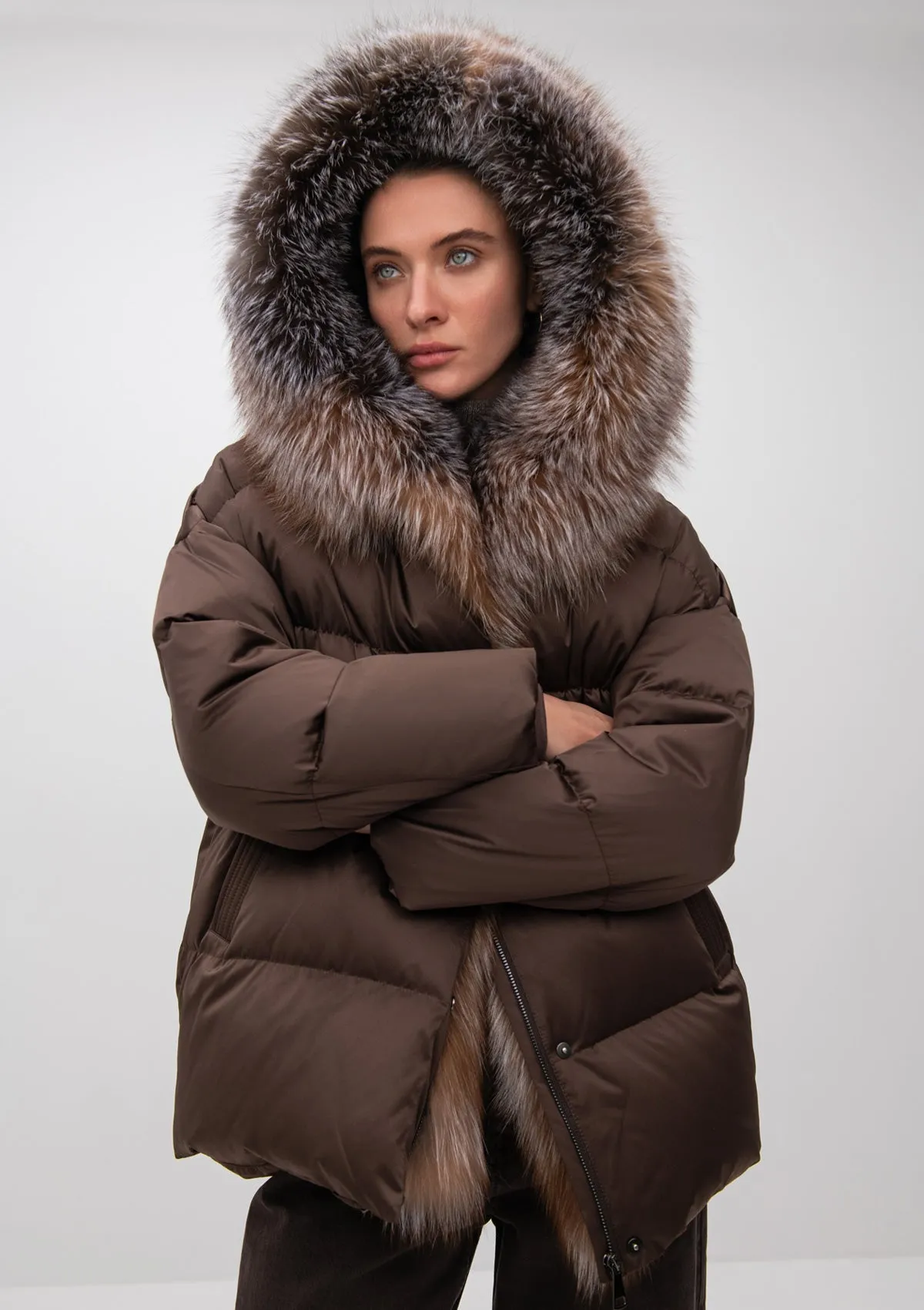 Yves Genuine Silver Fox Fur Down Fill Coat